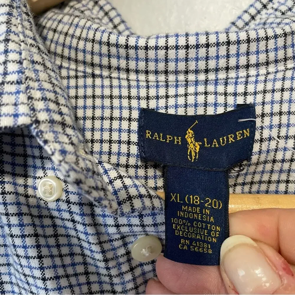 Ralph Lauren boys button down blue checkered plaid top size XL 18 20 cotton